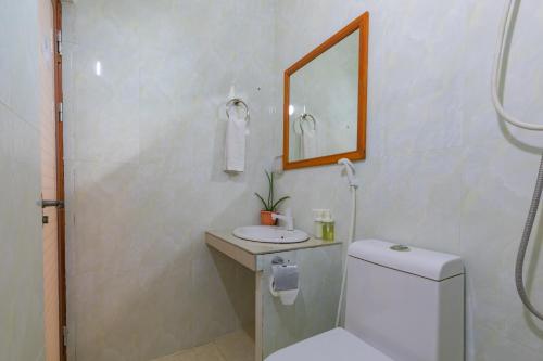 a bathroom with a toilet and a sink and a mirror at Nemo Inn in Omadhoo