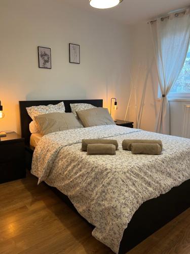 une chambre avec un grand lit avec deux oreillers dessus dans l'établissement Appartement moderne et lumineux, à Strasbourg