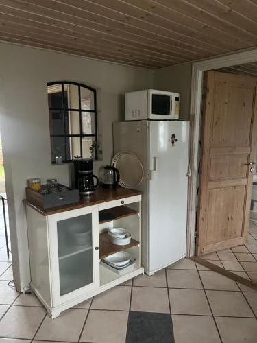 a kitchen with a white refrigerator and a microwave at Karensminde in Jelling