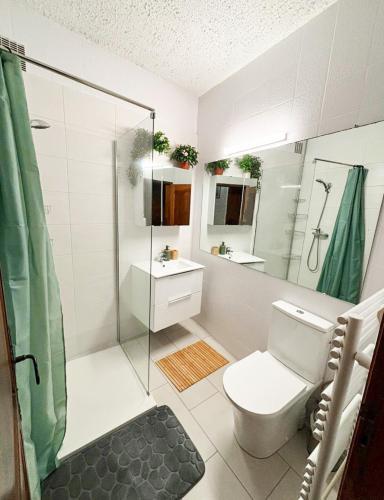 une salle de bain avec toilettes et douche dans l'établissement 5 Min de la Plage - T4 avec Piscine & Tennis, à Propriano