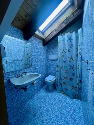 a blue bathroom with a sink and a toilet at TEA San Pellegrino - DOLOMITI in Falcade