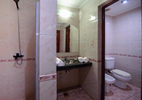 a bathroom with a toilet and a sink and a mirror at El Leñador by DOT Cabana in Puerto Iguazú