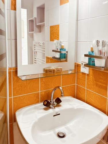 une salle de bain avec un lavabo et un miroir dans l'établissement Le Haut Griou aux pieds sur les pistes, 8pers, cœur station, Le Lioran, à Laveissière