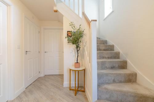 a stairway with a potted plant on a table at Foxglove Haven- 3-Bed Detached - Garden - Drive in Longridge
