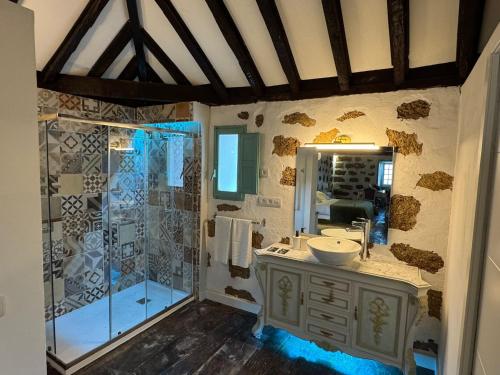 a bathroom with a shower and a sink at Hacienda de Las Indias, La Habana in Granadilla de Abona