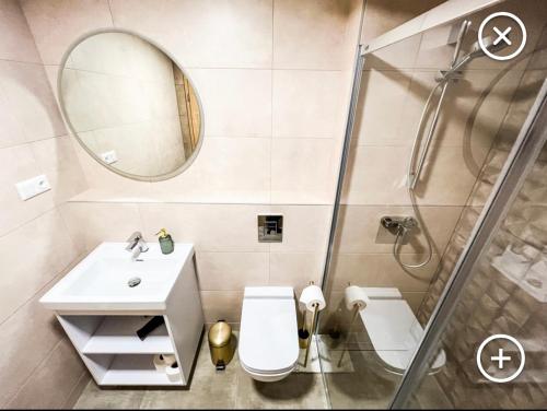 a bathroom with a shower and a toilet and a sink at Apartmán Esprit Y31 in Dolný Kubín