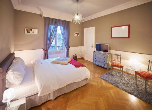 um quarto com uma cama e uma televisão em Appartements Plantagenet - Le 33 em Le Mans