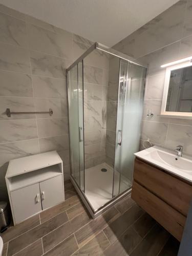 une salle de bain avec douche et lavabo dans l'établissement Studio proche mer avec jardinet, aux Lecques