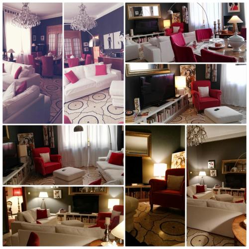 a collage of photos of a living room with red and white furniture at Donna Franca in Lecce