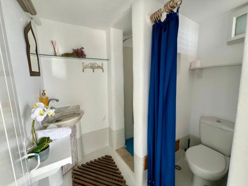 a bathroom with a toilet and a blue shower curtain at Mykonos Seaview Nests - Tourlos Getaways in Tourlos