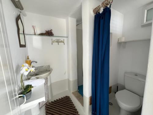 a bathroom with a toilet and a blue shower curtain at Mykonos Seaview Nests - Tourlos Getaways in Tourlos