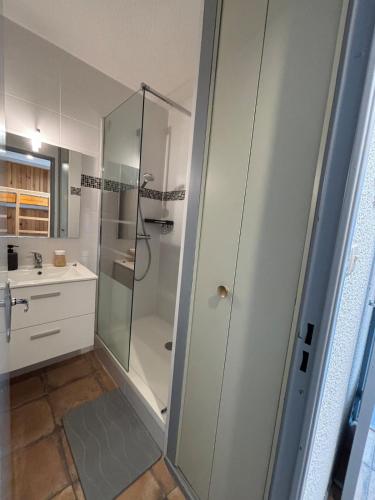 une salle de bain avec douche et lavabo dans l'établissement Bel Appart Résidence Gentianes Monitor, à Aragnouet