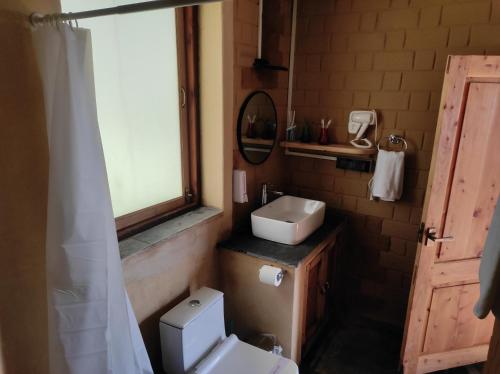 a bathroom with a sink and a toilet and a mirror at Art Mile Kalimpong in Kalimpong