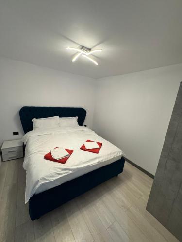 a bedroom with a bed with a ceiling fan at Confort Apartament in Borsa