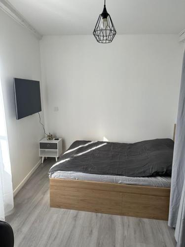 une chambre avec un lit et une télévision à écran plat dans l'établissement jolie studio centre ville, à Valence