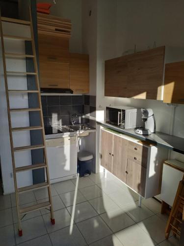 - une cuisine avec une échelle à côté d'un évier et d'un four micro-ondes dans l'établissement 5 pers - balcon - proche mer, à Port-la-Nouvelle