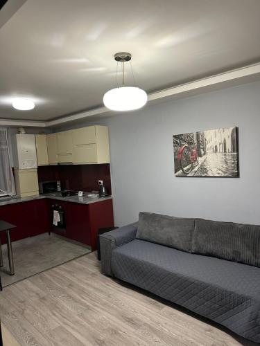 Una sala de estar con un sofá y una cocina. en Felicity 1, en Craiova