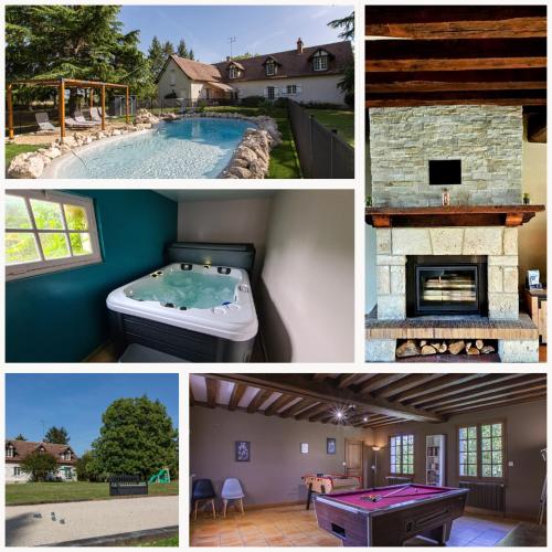 un collage de photos d'une maison avec une piscine dans l'établissement Le Domaine de Baracas 4 étoiles - Le Grand et le Petit Gîte - piscine-SPA-billard-baby-foot-cheminée - 18 personnes, à Huisseau-sur-Mauves