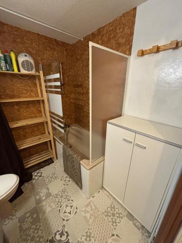 Elle comprend une petite cuisine équipée d'un réfrigérateur et des toilettes. dans l'établissement T2 residence Grand Schuss cote pistes, à Saint-Lary-Soulan