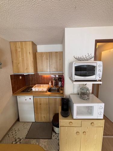 une petite cuisine avec un micro-ondes et un évier dans l'établissement T2 residence Grand Schuss cote pistes, à Saint-Lary-Soulan