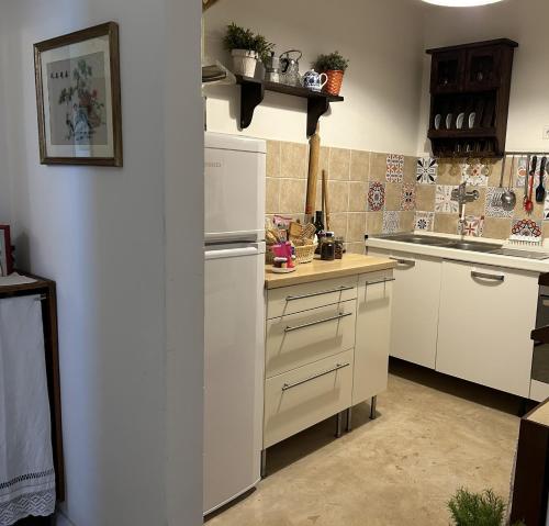 a kitchen with a white refrigerator and a sink at Welcome in Toscana in Polcanto