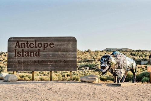 a statue of a buffalo in front of a sign at Hidden Gem! Private Guest Home in Syracuse