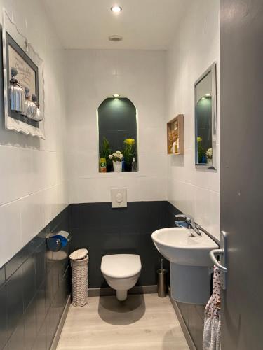 a bathroom with a toilet and a sink at Le Mas du Bueysse in Bessas