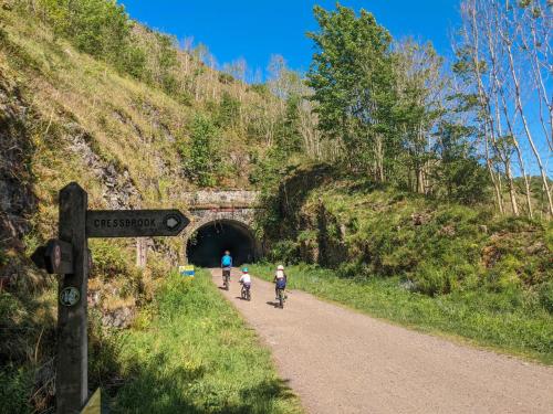 a group of people riding bikes through a tunnel at Heron's Rest in Cressbrook