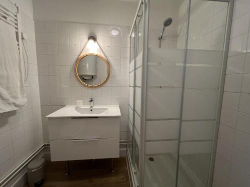 une salle de bain avec un lavabo et une douche dans l'établissement Le Fidele 2 pers Riviere Reve au Mans, au Mans