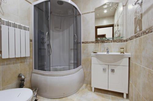 W łazience znajduje się prysznic, umywalka i toaleta. w obiekcie Apollo w Petersburgu