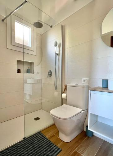 a bathroom with a toilet and a glass shower at Estudio ideal para descansar in Santa Cruz de Tenerife