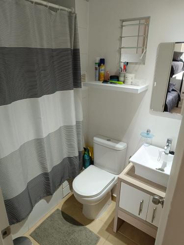 a bathroom with a toilet and a sink and a shower curtain at Los Molles apartment in Los Molles