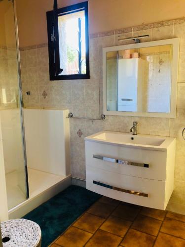 une salle de bain avec un lavabo et une douche dans l'établissement Casa Scaglione - chambres d'hôte, à Grosseto-Prugna