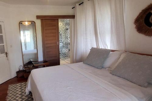 a bedroom with a white bed with two pillows at Tia Beach House - pool, beach and hamman in Albion