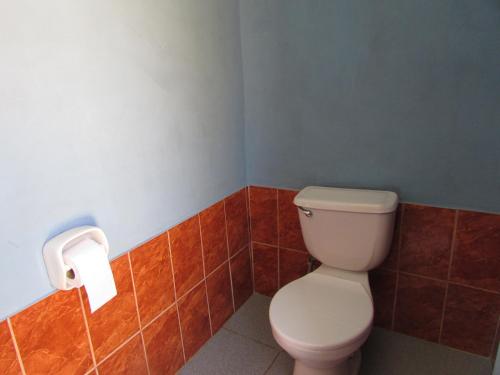 La salle de bains est pourvue de toilettes et d'un rouleau de papier toilette. dans l'établissement Titicaca Chaska Wasi Amantani, à Ocosuyo