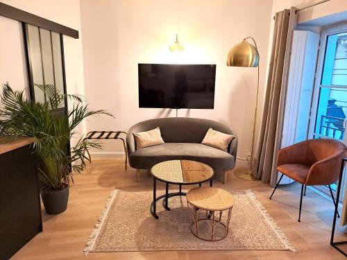 een woonkamer met een bank en een tv bij Appartement Cosy Hyper Centre in Nantes