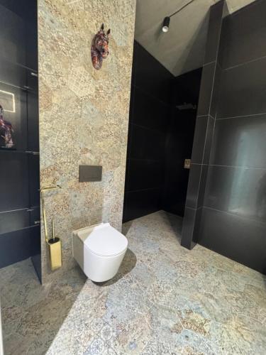 a bathroom with a white toilet in a room at Penthouse in Nowy Sącz