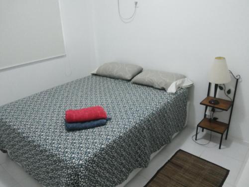 a bedroom with a bed with a red pillow on it at Apartamento Porto Real Brites in Mangaratiba