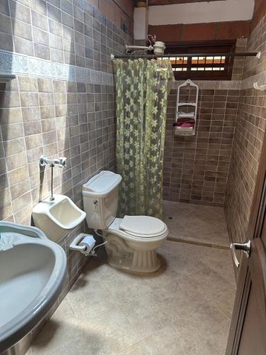 a bathroom with a toilet and a sink and a shower at Paraiso del Nomada in Barbosa