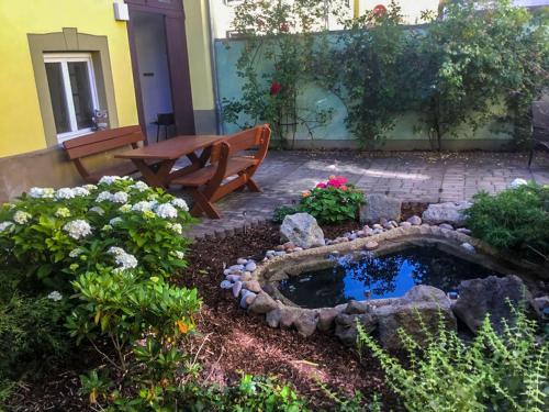 a garden with a bench and a small pond at Ferienwohnungen An der Bimmelbahn Wernigerode in Wernigerode