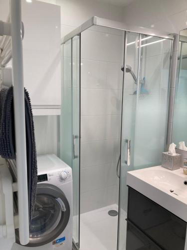 une salle de bain avec une machine à laver et un lavabo dans l'établissement F2 totalement rénové, 200 m de la plage, piscine, parking, tout à pieds, à Antibes