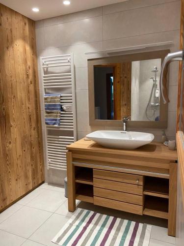 une salle de bain avec un lavabo et un miroir dans l'établissement Chalet luxueux avec piscine intérieure, à La Bresse