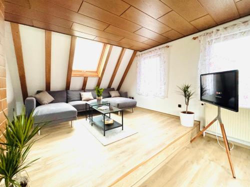 a living room with a couch and a tv at Starkenburgblick in Heppenheim an der Bergstrasse