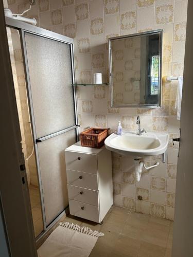 ein Badezimmer mit Waschbecken, Dusche und Spiegel in der Unterkunft Casa Flor de Gravatá in Gravatá