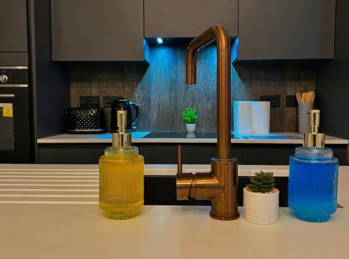 a kitchen with a sink with two bottles on a counter at Chic Central, Relaxing, Restful, Retreat, Heated Floors, High Ceiling, Open Plan, City Centre, 1BR in Sheffield