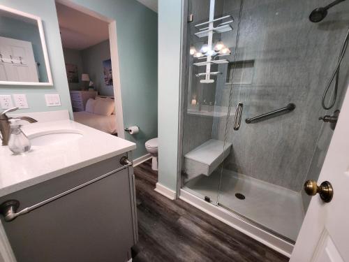 a bathroom with a shower and a sink and a toilet at North Shore Inn TC 102 in Traverse City