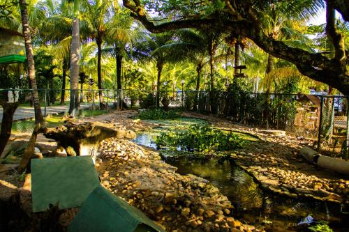 a pond in the middle of a park with palm trees at Catussaba Resort Hotel in Salvador