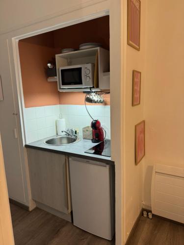 une petite cuisine avec un évier et un micro-ondes dans l'établissement Studio centre ville de Morlaix, à Morlaix