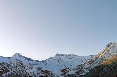 a snow covered mountain range with trees in the foreground at Chalet Kibo in Adelboden