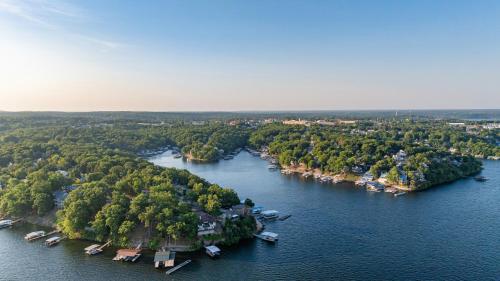 an aerial view of an island in the water at Sunset Beach Resort in Osage Beach